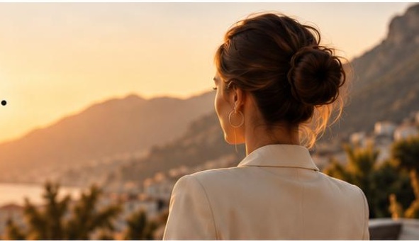 Frau blickt bei Sonnenuntergang über einen See